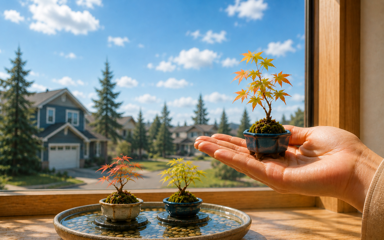 A palm-sized maple bonsai in a dark blue glazed pot, held in warm window light against a blue sky