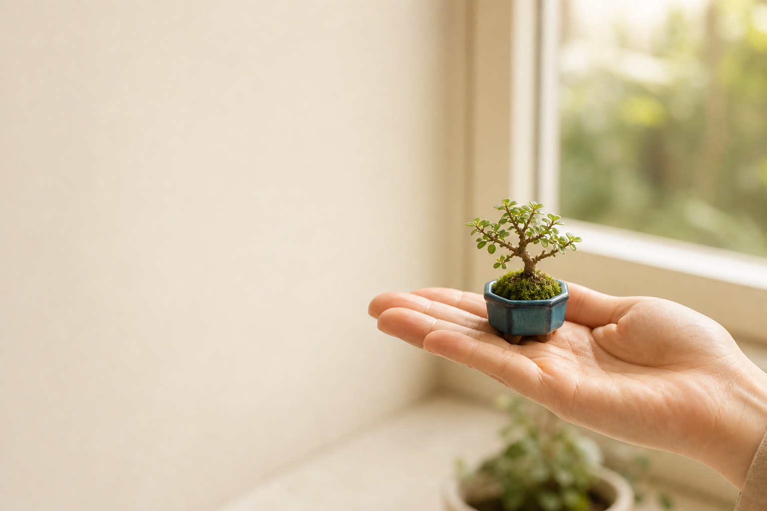 A fingertip-sized bonsai in a blue glazed pot held near a window