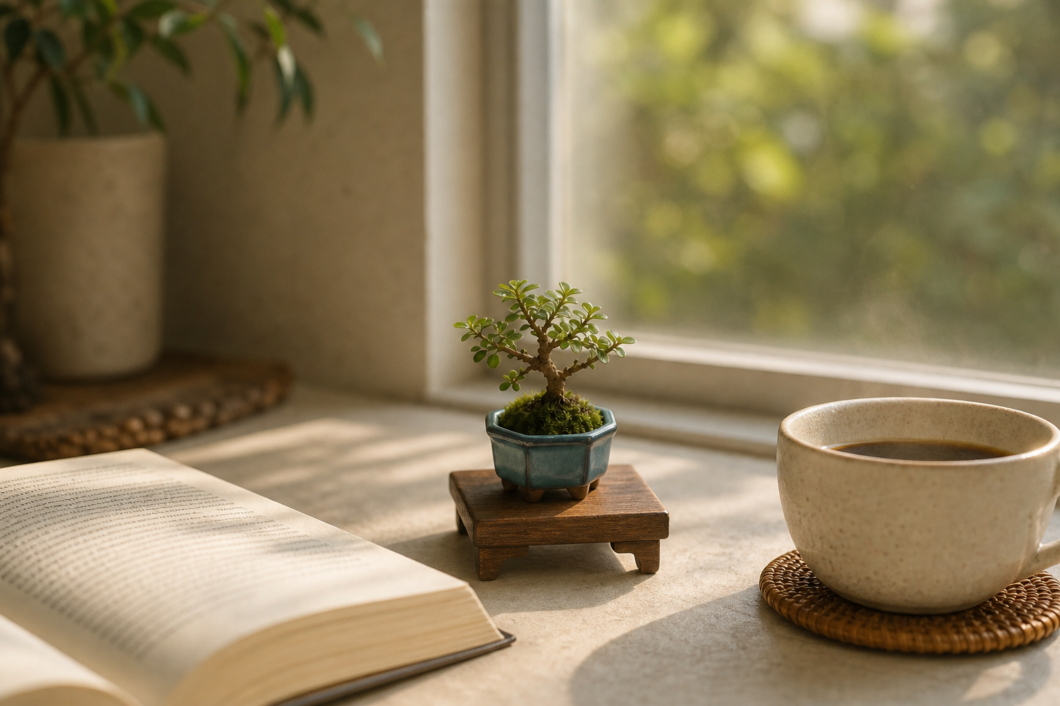 A fingertip-sized blue-potted mame bonsai on a windowsill beside coffee in warm morning light