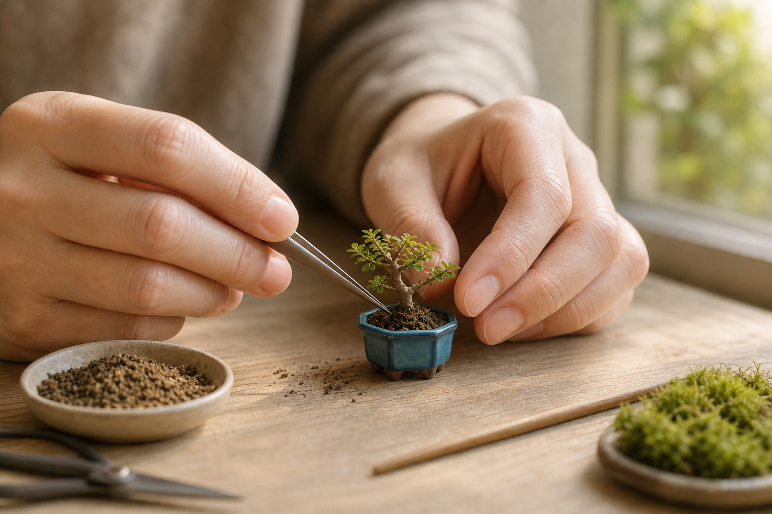 Hands planting a fingertip-sized bonsai in a blue glazed pot