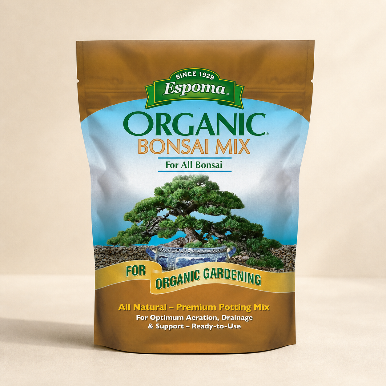 Espoma Organic & Natural Bonsai Soil bag on a warm off-white background