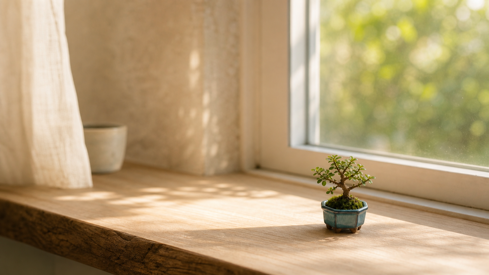 A fingertip-sized mame bonsai in a blue-green glazed pot resting on a sunlit wooden windowsill