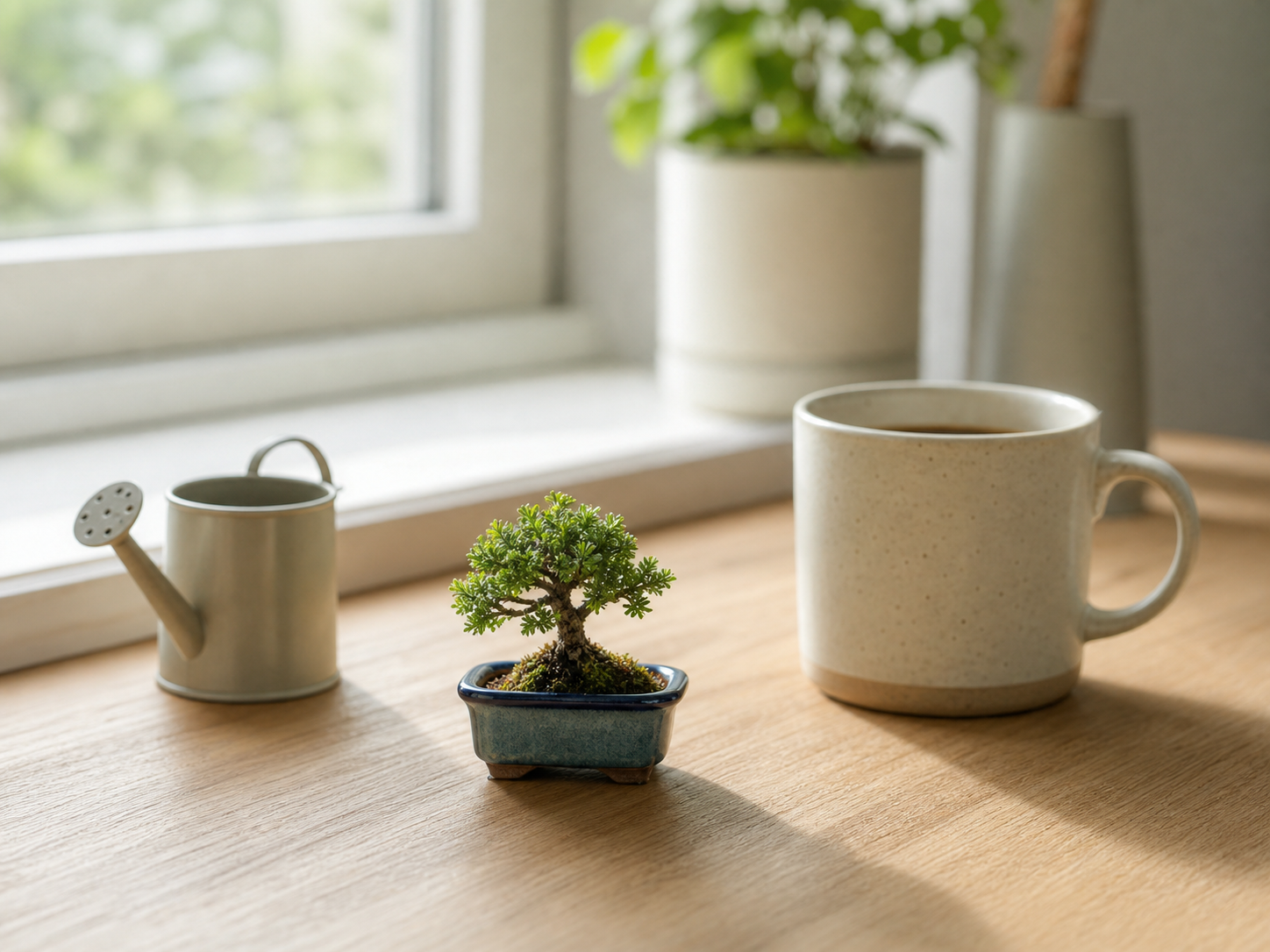A fingertip-sized mame bonsai in a blue-green glazed pot beside a small watering can and coffee cup in morning light