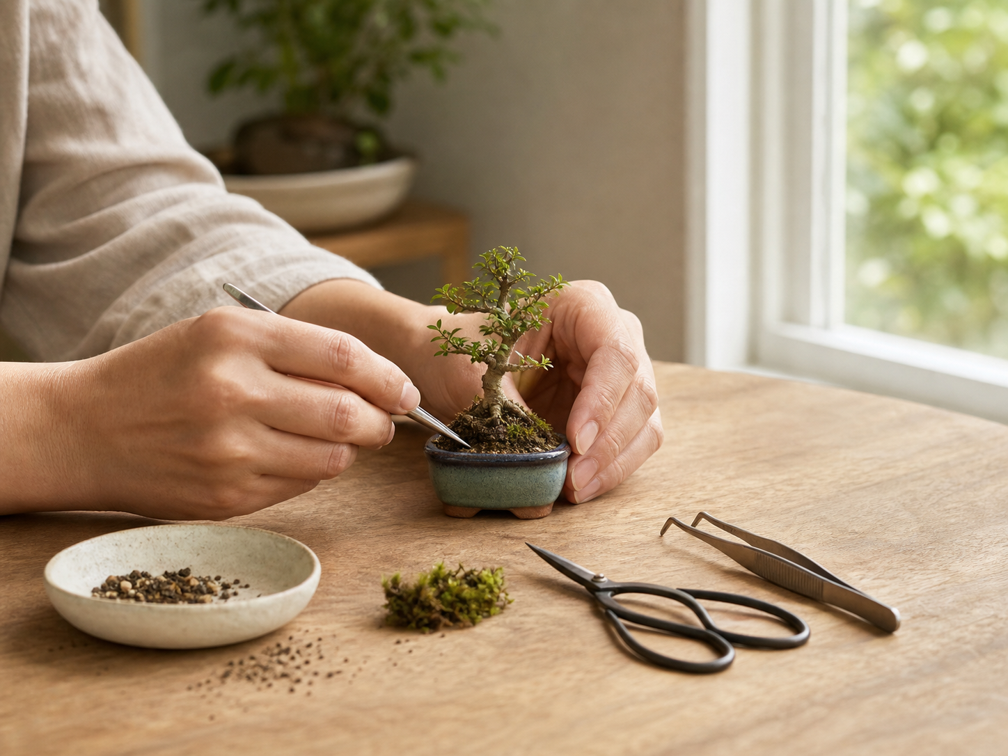 A fingertip-sized mame bonsai being planted on a sunlit wooden table with a small amount of soil, moss, scissors and tweezers