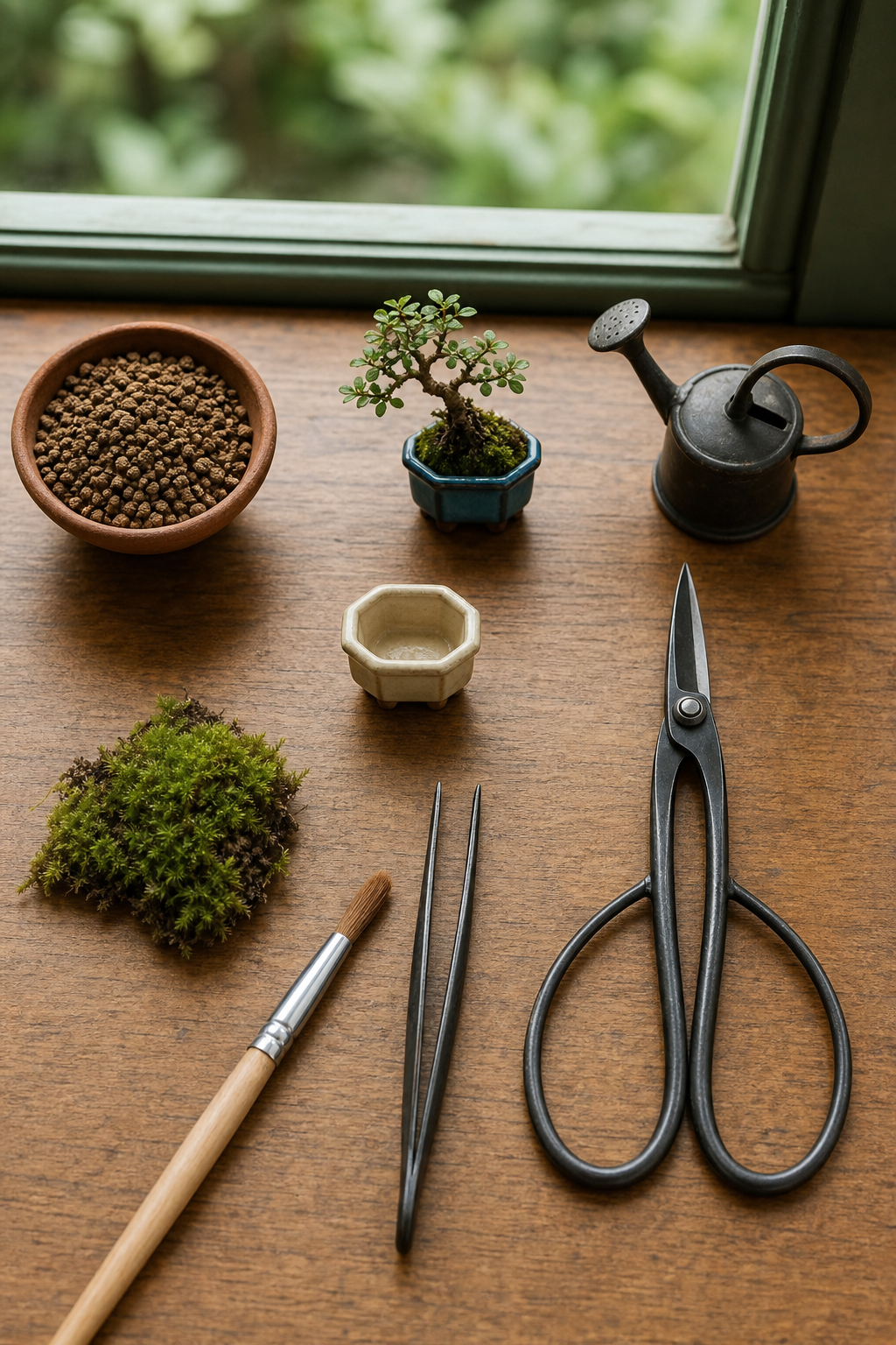 A fingertip-sized mame bonsai in a blue glazed pot beside soil, moss and 180 mm bonsai scissors