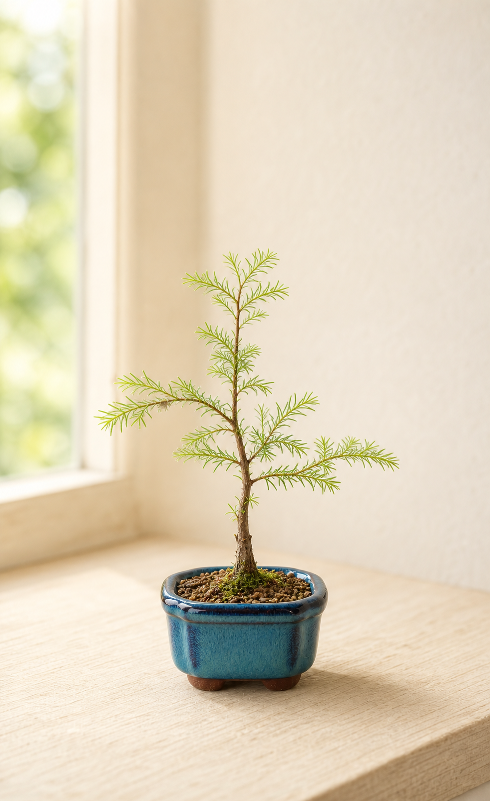 Bald cypress bonsai with a developing trunk and soft green foliage