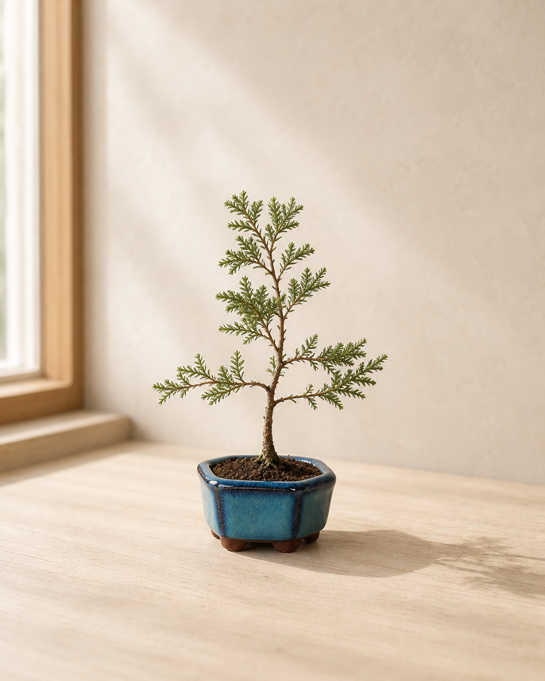 Chinese juniper bonsai with dense green foliage in a small pot